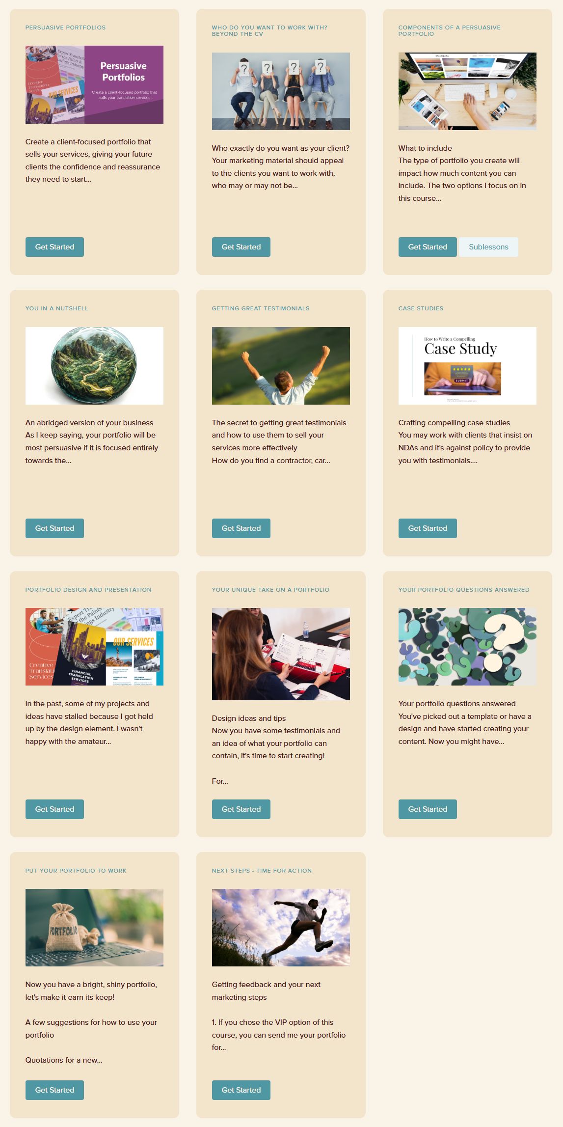 Shows inside the translator portfolio course and the 11 lessons that offer guidance