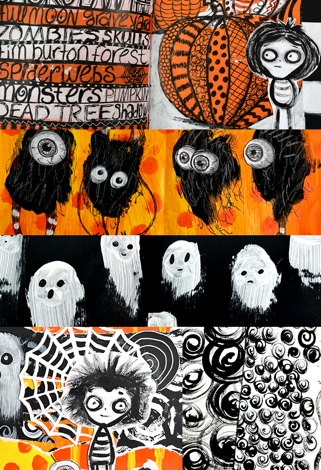 A colorful layered spooky art journal