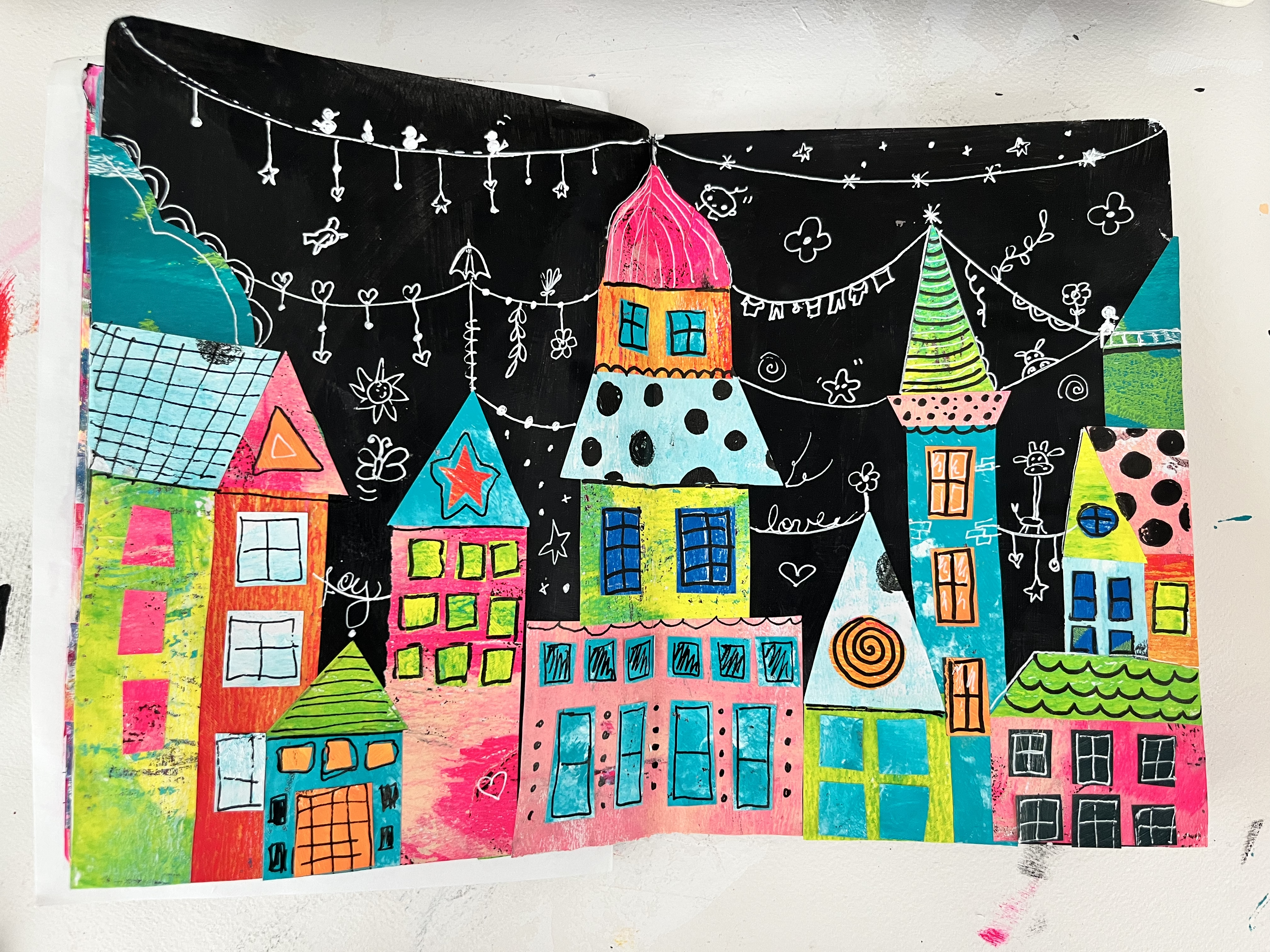 Painted papers and collage city pieces