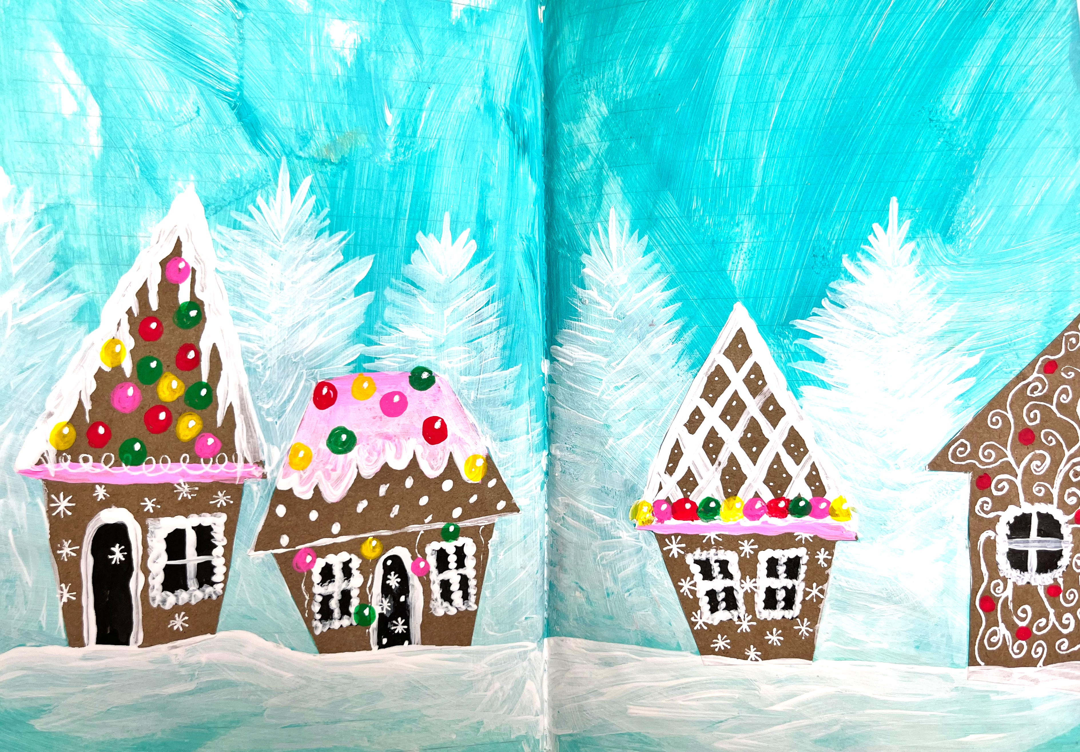 Snowy gingerbread village art journal page