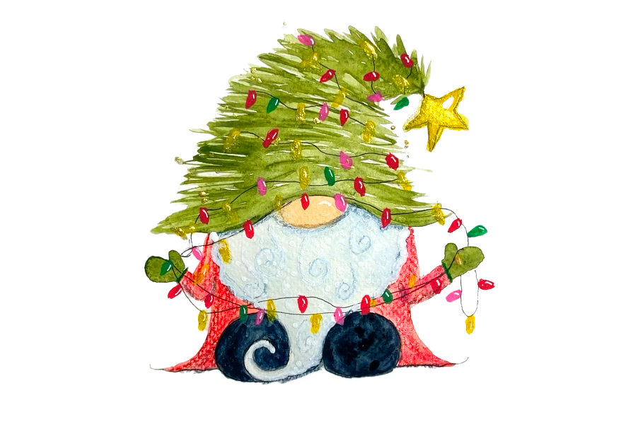 Watercolor Christmas tree gnome