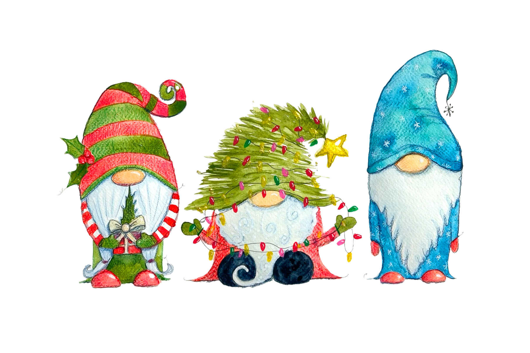 Three whimsical watercolor holiday gnomes