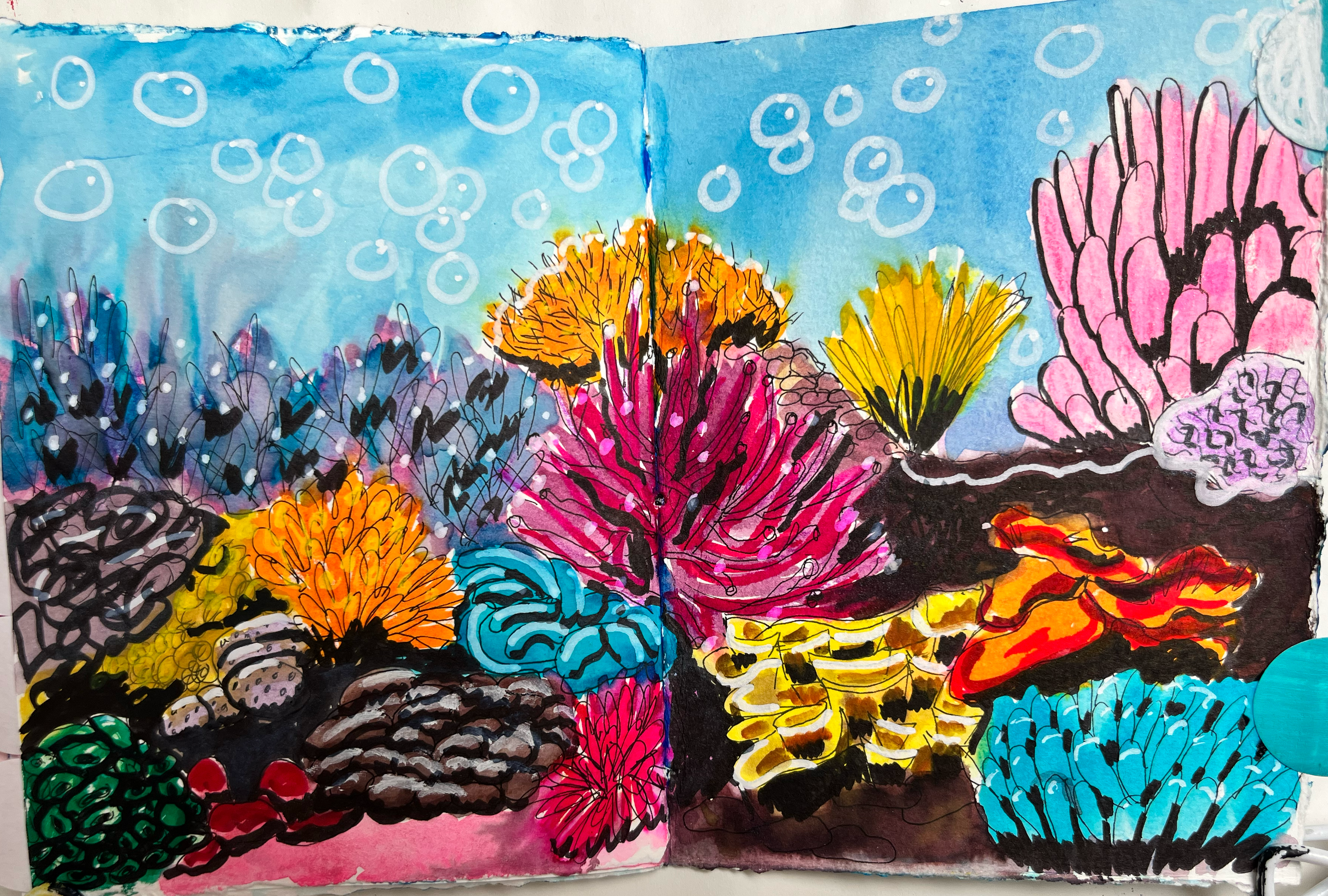 Colorful coral reef art journal spread