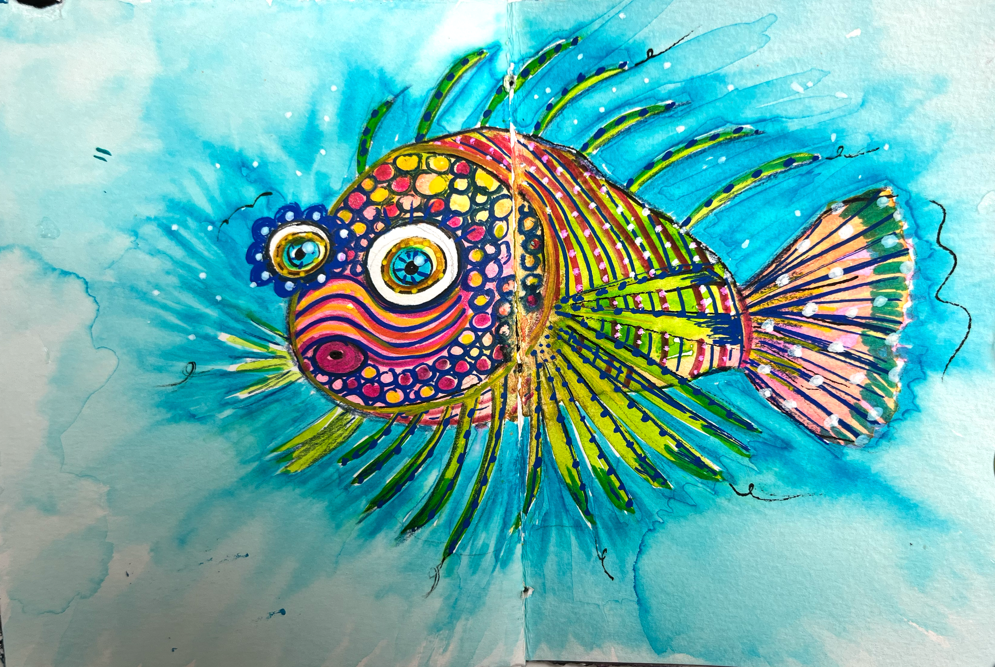 Whimsical fish art journal spread
