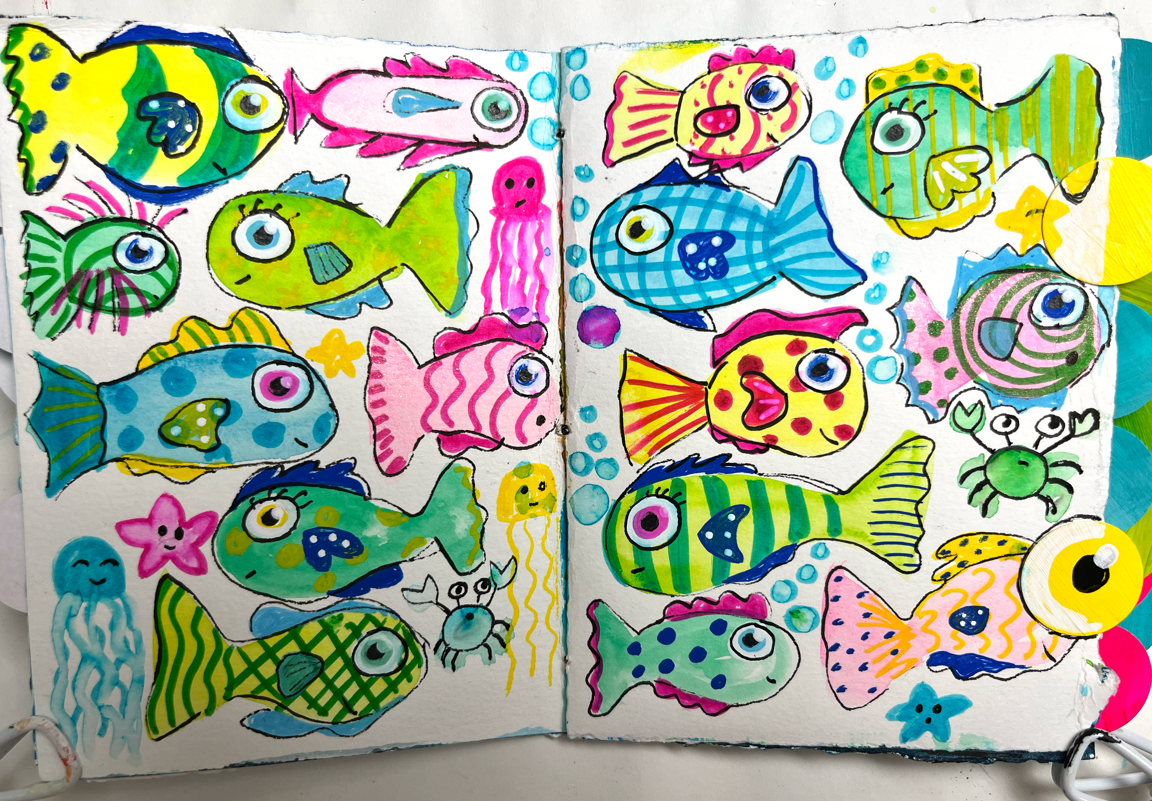 Colorful fish art journal spread