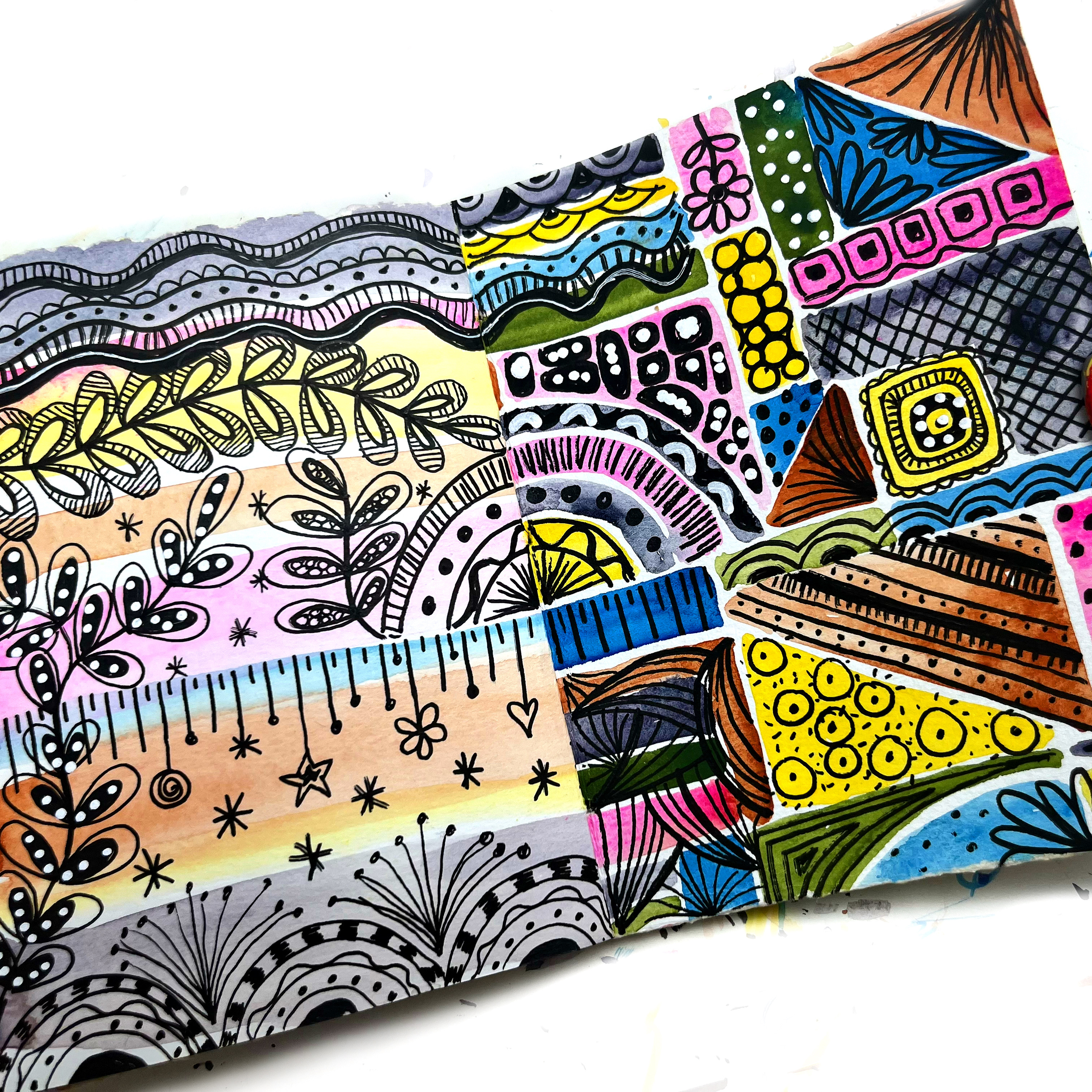 Mindful watercolor and doodling page spread