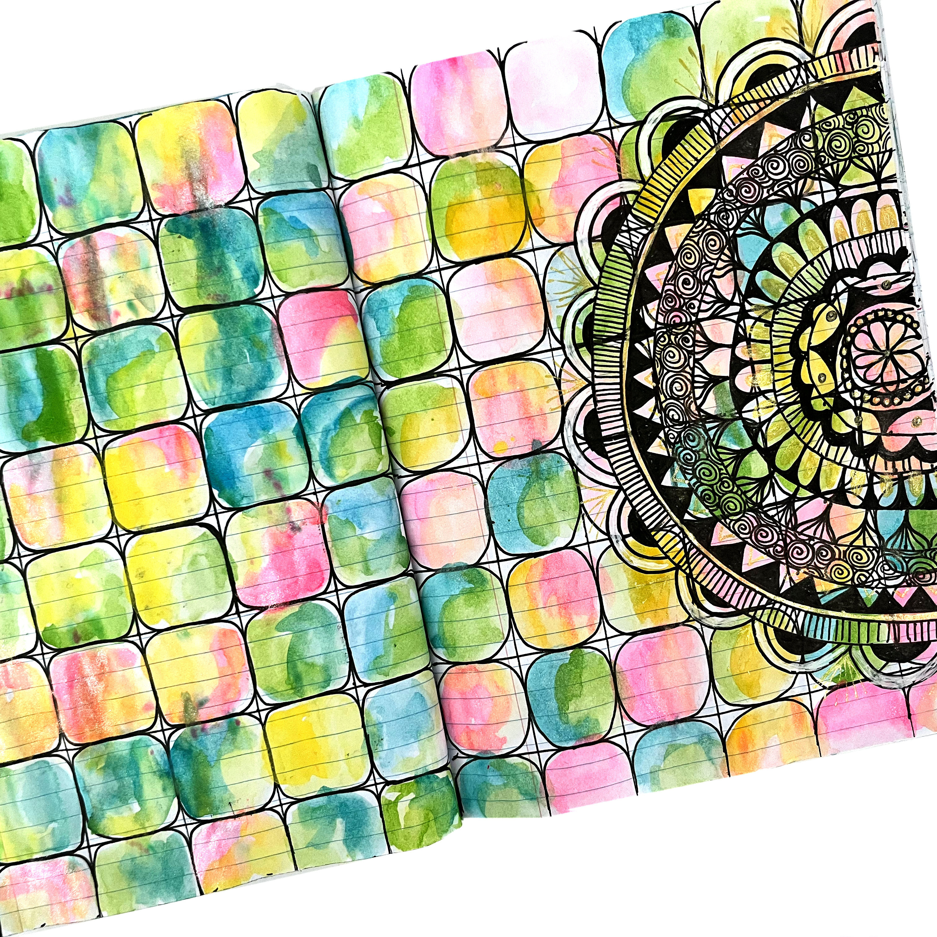 Colorful watercolor grid and mandala art journal spread