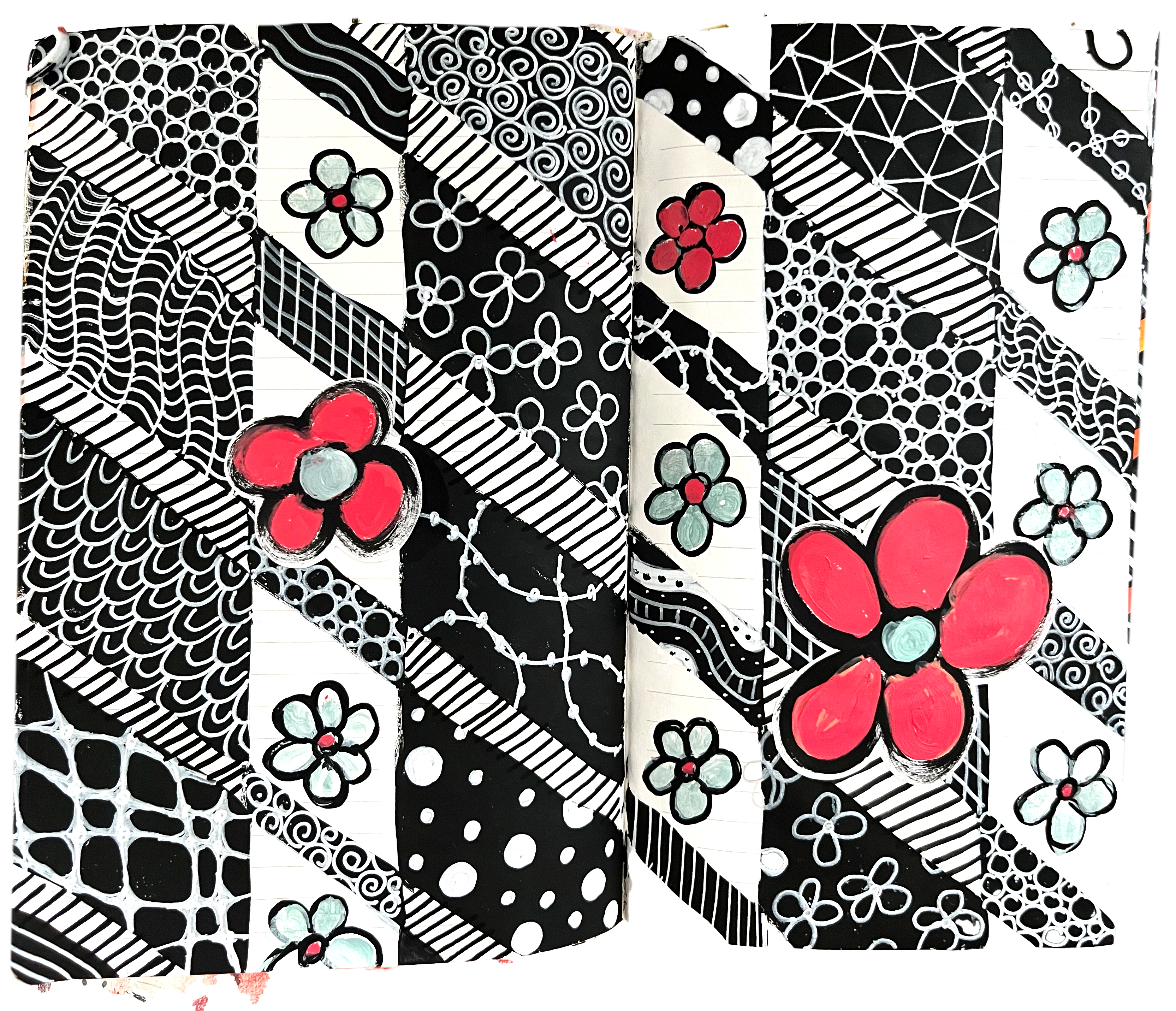 Black and white patterned art journal spread with colorful flowers