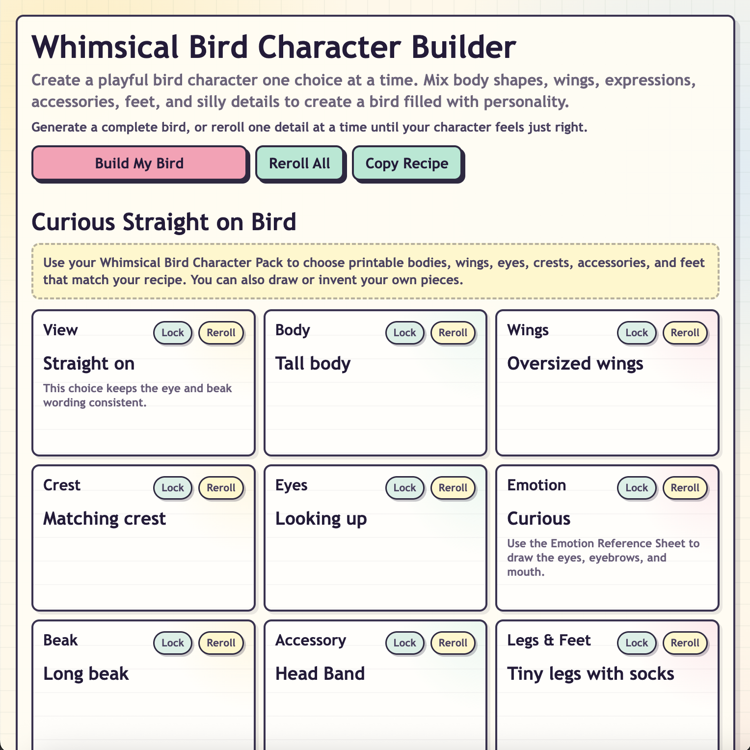 Whimsical Bird Character Builder recipe screen