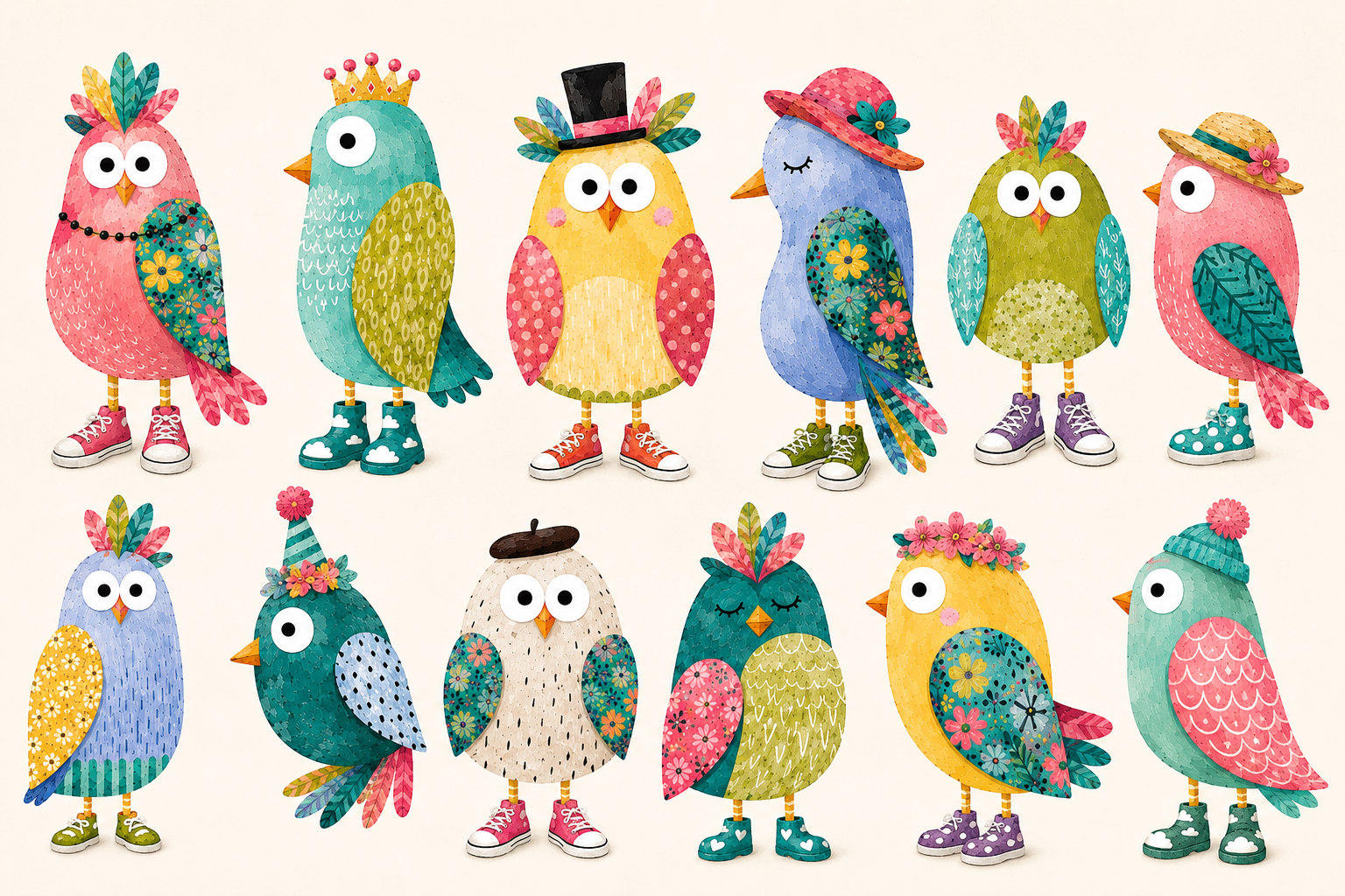 Finished whimsical bird characters and printable pieces