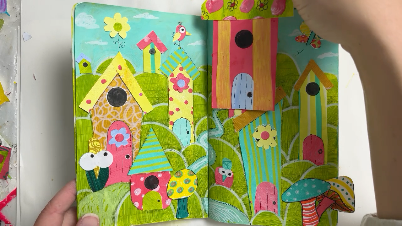 Whimsical bird journal spread with a decorative tag