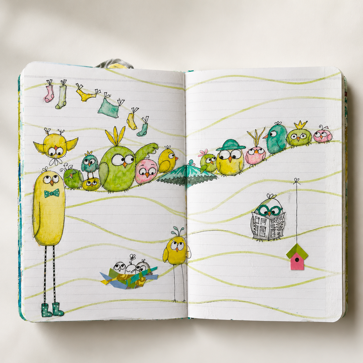 Collection of whimsical bird journal page-spread projects
