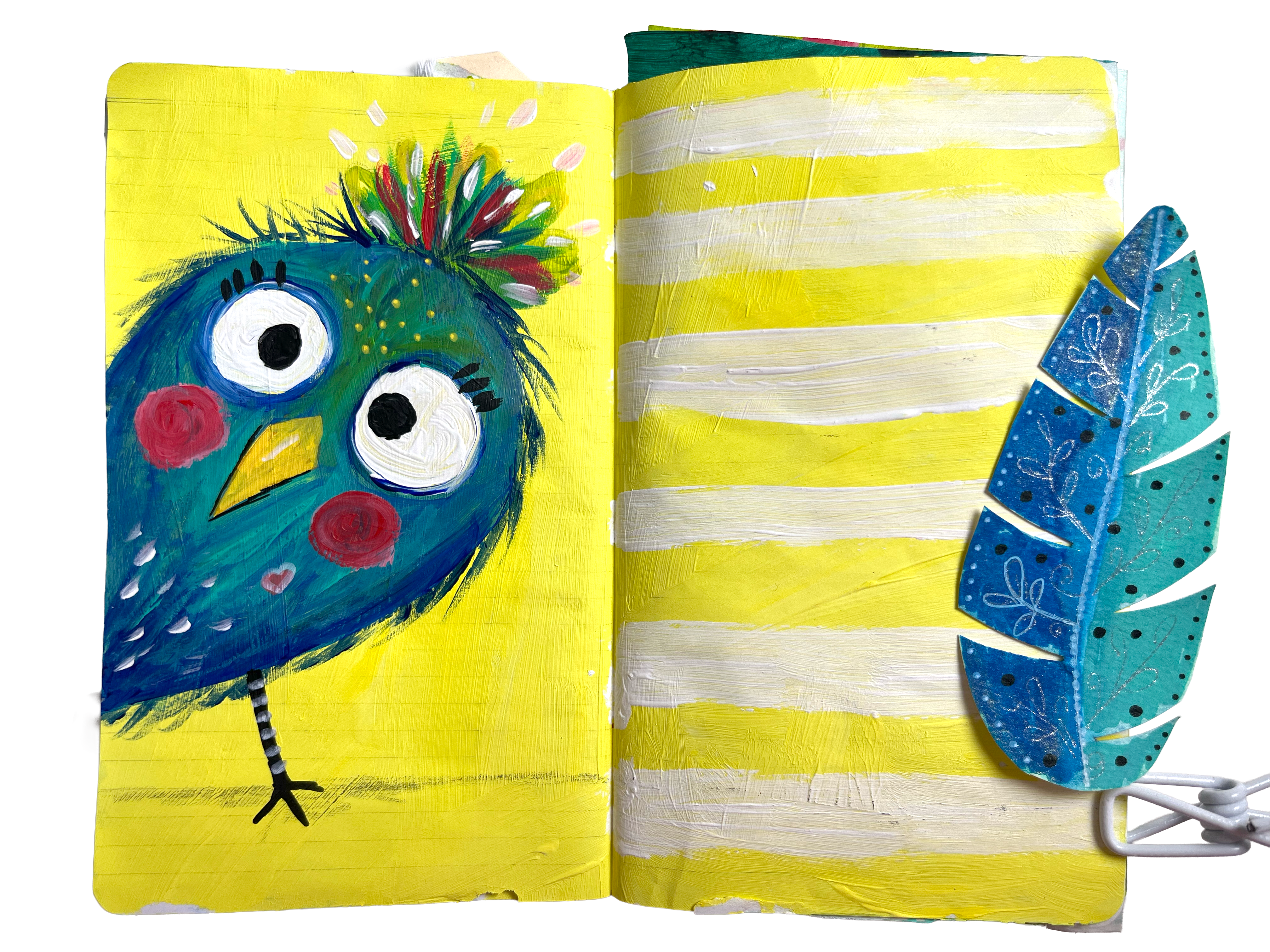 Whimsical bird art journal spread filled with playful characters and story