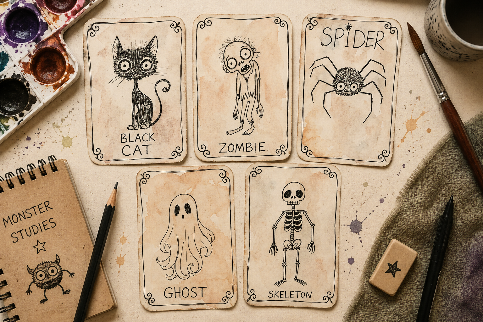 Hand-painted Monster Study cards
