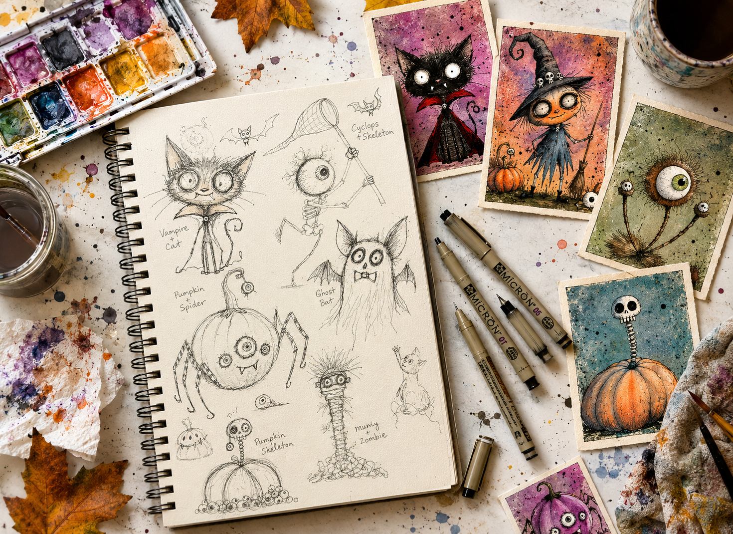 Artwork and character studies in Jen Vax's studio