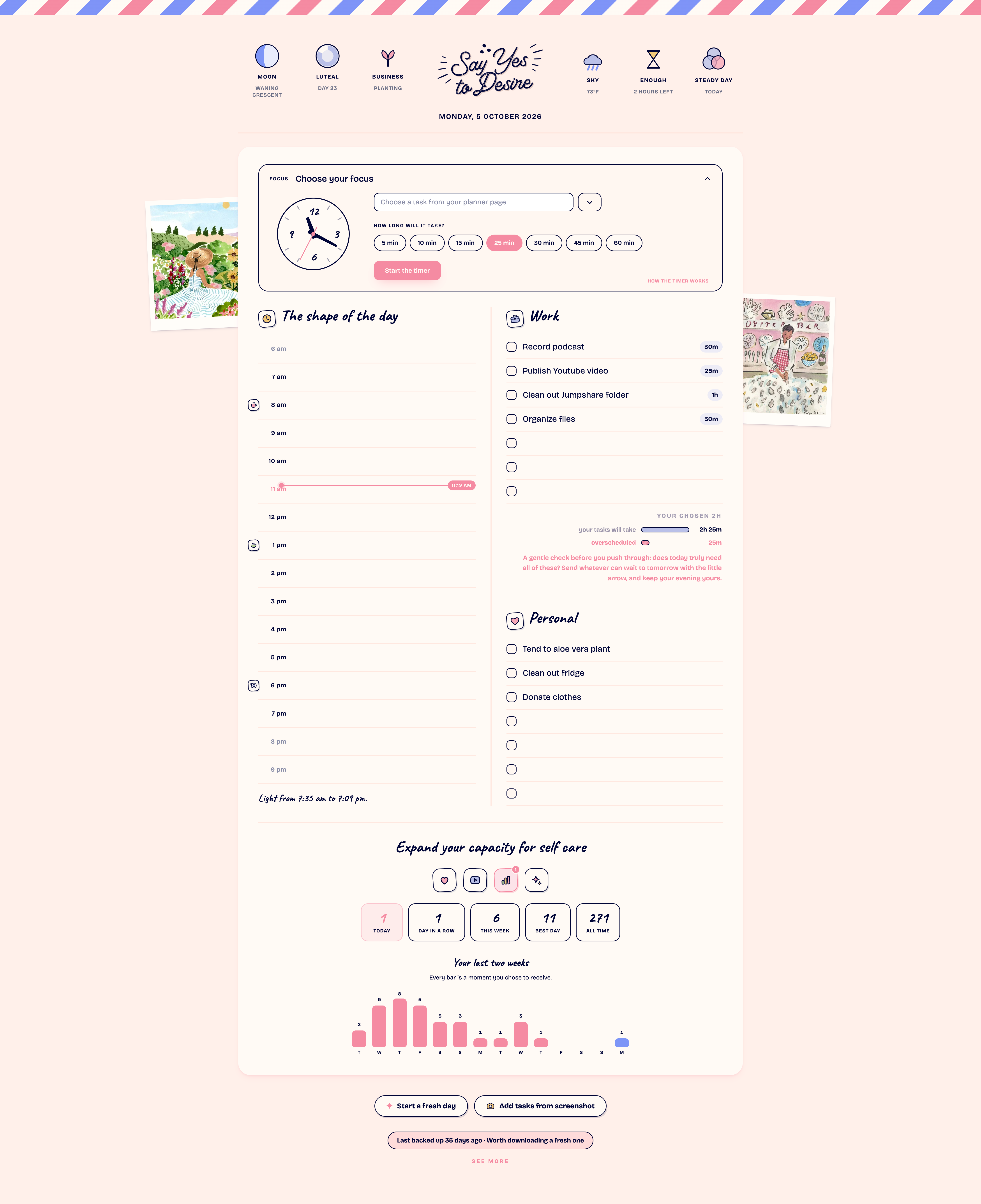The Say Yes to Desire Planner open in a browser, showing the day's moon, body and season readings above the Work and Personal task lists.