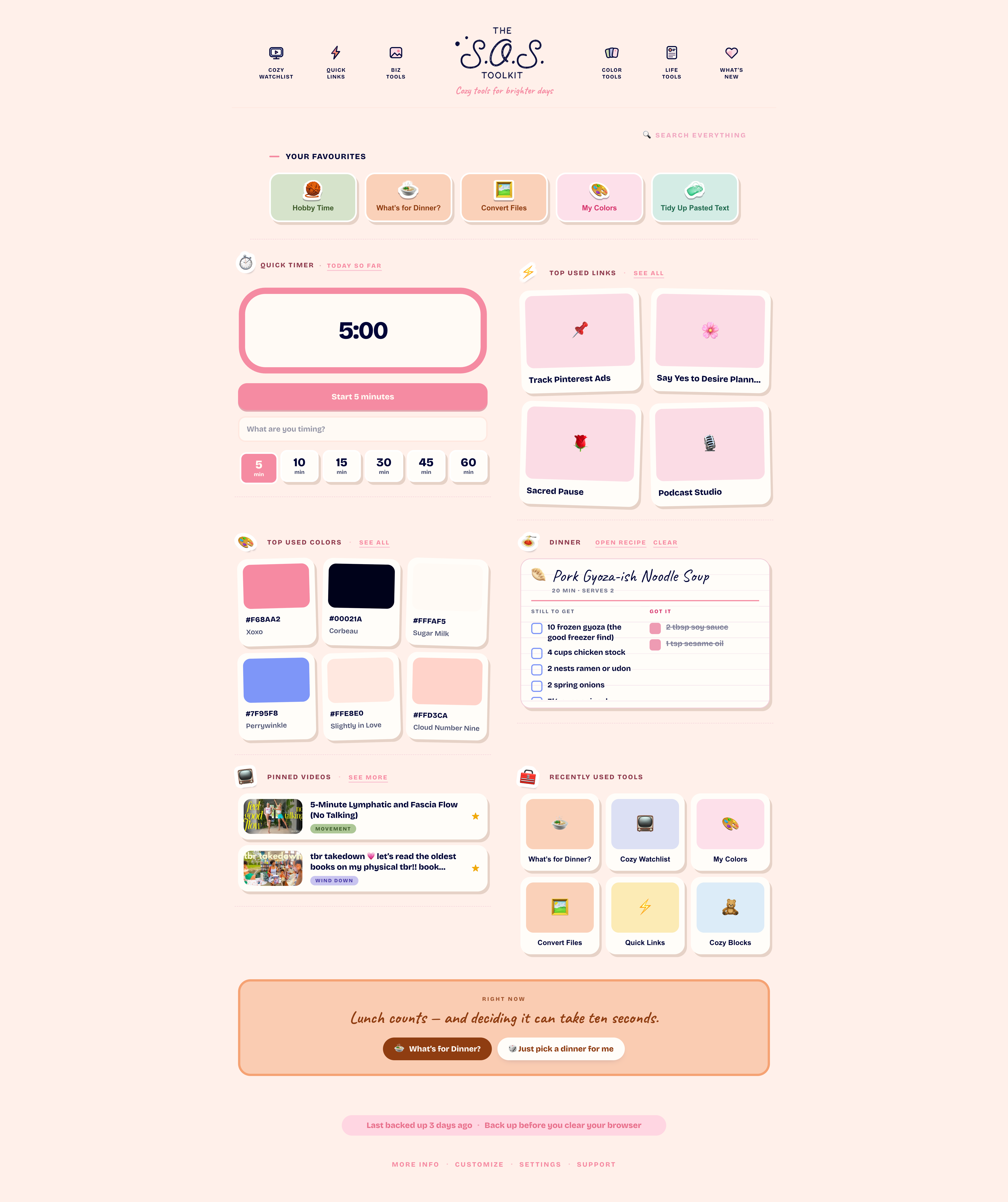 The S.O.S. Toolkit home page, showing the tool cards.